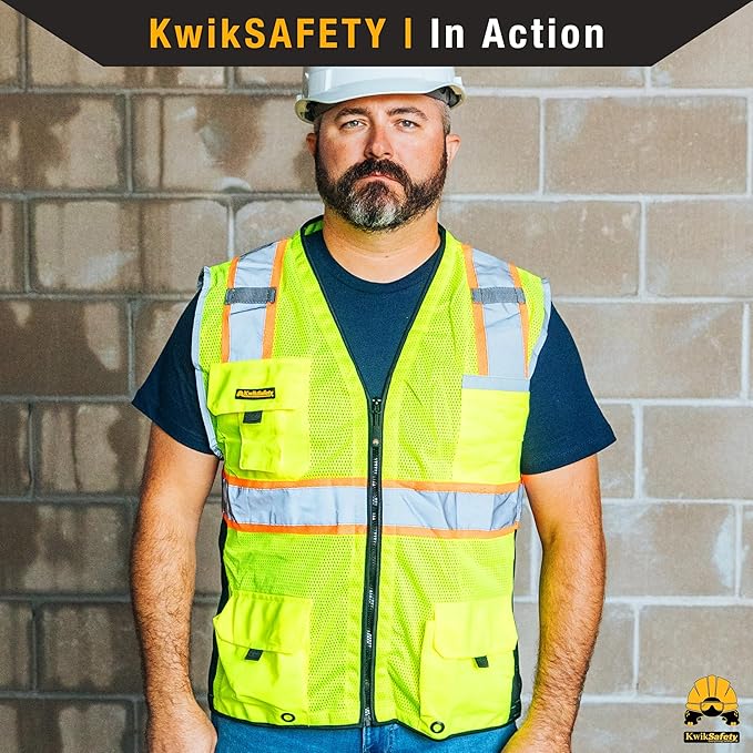 KwikSafety - Charlotte, NC - BIG KAHUNA Safety Vest [11 Pockets] Class 2 ANSI OSHA Reflective Vest Durable High Visibility Vest Construction Safety Vest for Men Industrial Work Gear/Yellow XL