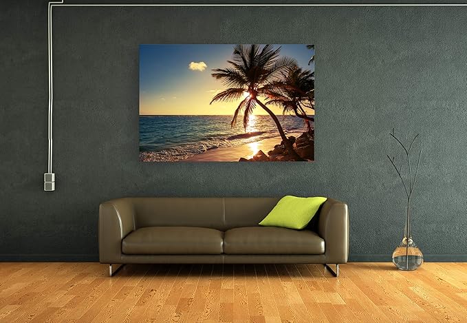 Muolunna S04969 Wall Art Decor Large Canvas Print Picture Sunset Ocean Beach Waves 1 Panel Coconut tree Scenery Painting Artwork for Office Home Decoration Stretched and Framed Ready to Hang XLarge