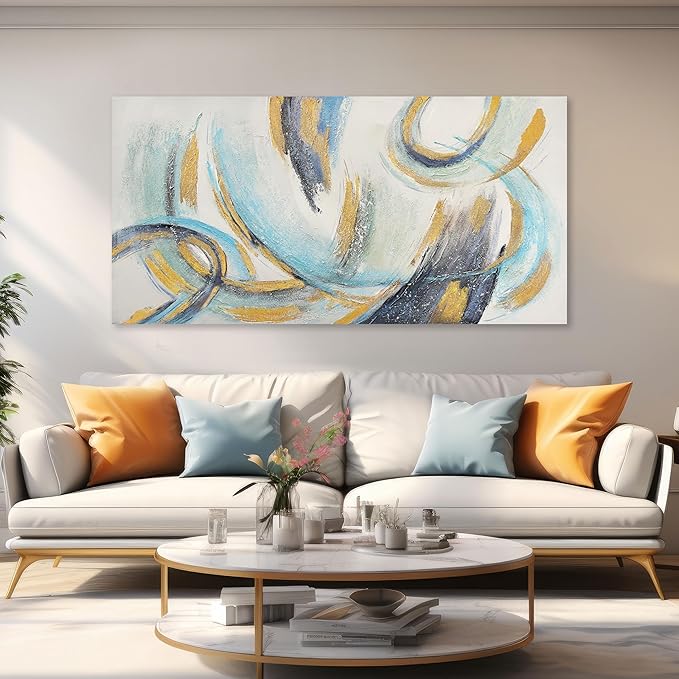 Glvzygy Abstract Wall Art Blue and Gold Wall Art Abstract Canvas Wall Decor Frame Artwork Modern Home Wall Decor for Living Room Bedroom Office 20"x40"