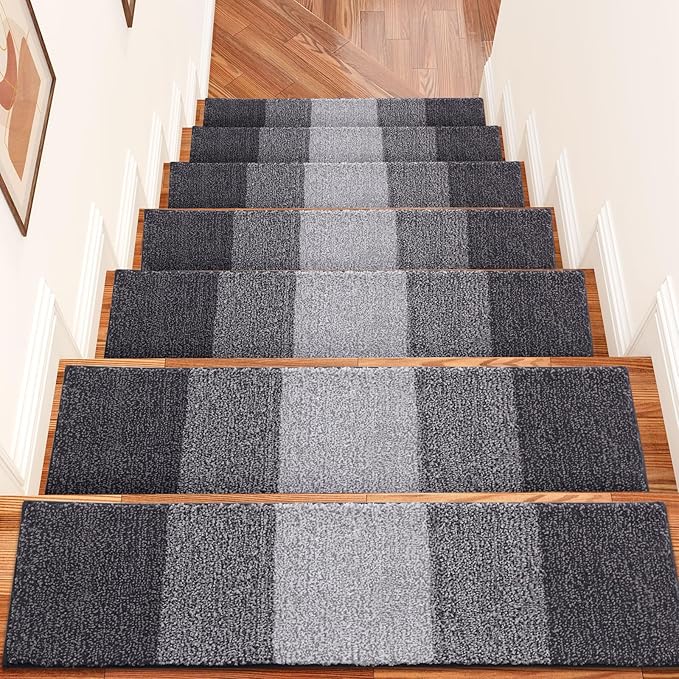 OLANLY Stair Treads Non Slip 15PCS, 8" x 30" Indoor Stair Runners for Wooden Steps, Edging Stair Rugs with Reusable Peel and Stick Adhesive for Kids Elders and Pets, Grey