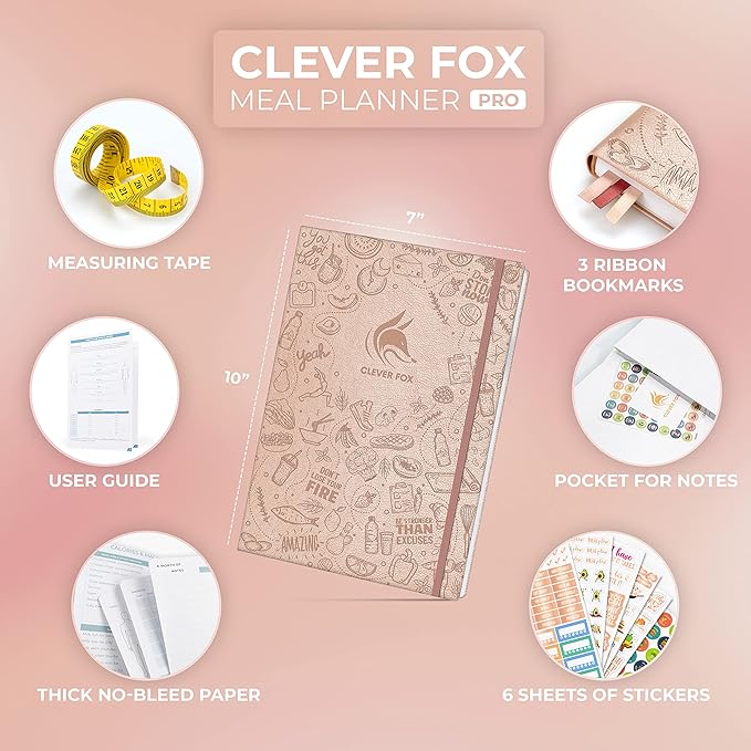 Clever Fox Meal Planner PRO – Weekly Meal Prep Journal with Grocery List & Weigh Loss Tracker – Diet, Fitness & Welness Log Book – Nutrition Diary Notebook – Lasts 12 Months, 7x10” (Rose Gold)