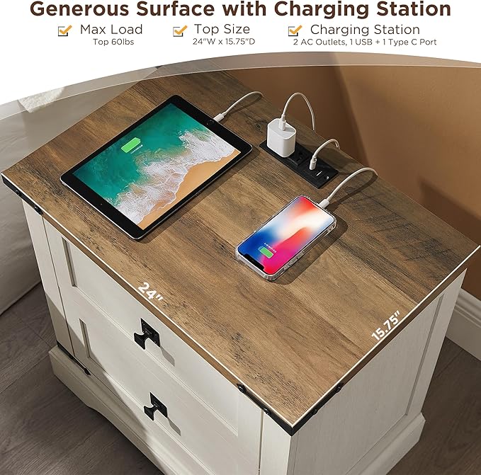T4TREAM 24" Farmhouse Nightstand with Charging Station, Large End Table with 2 Storage Drawers, Rustic Wood Sofa Bedside Table for Bedroom, Antique White