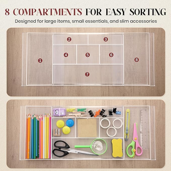 2Pack Shallow Expandable Drawer Organizer, Adjustable 12.5”–20” Clear Plastic Drawer Organizer Tray for Vanity Bathroom Desk Kitchen Drawers, Multi Compartment Storage