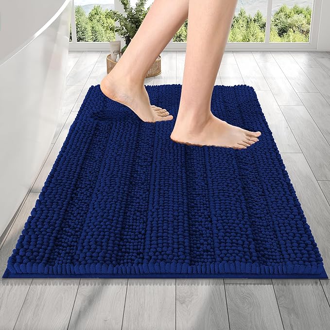 OLANLY Thick Bathroom Rugs 24x16, Extra Soft Absorbent Chenille Striped Bath Rugs, Rubber Backing, Machine Wash Dry, Bath Mats for Bathroom Floor, Tub and Shower, Home Decor Accessories, Navy