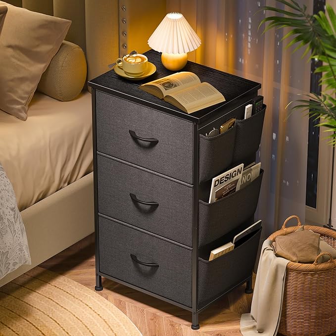 Night Stand Set 2, Night Stand with Drawers for Bedroom, Bedside Table with Wooden Top, Sturdy Steel Frame End Table, Dorm Nightstand for Bedroom, Entryway, Hallway, Closet, Cloth Bags, Hooks, Grey