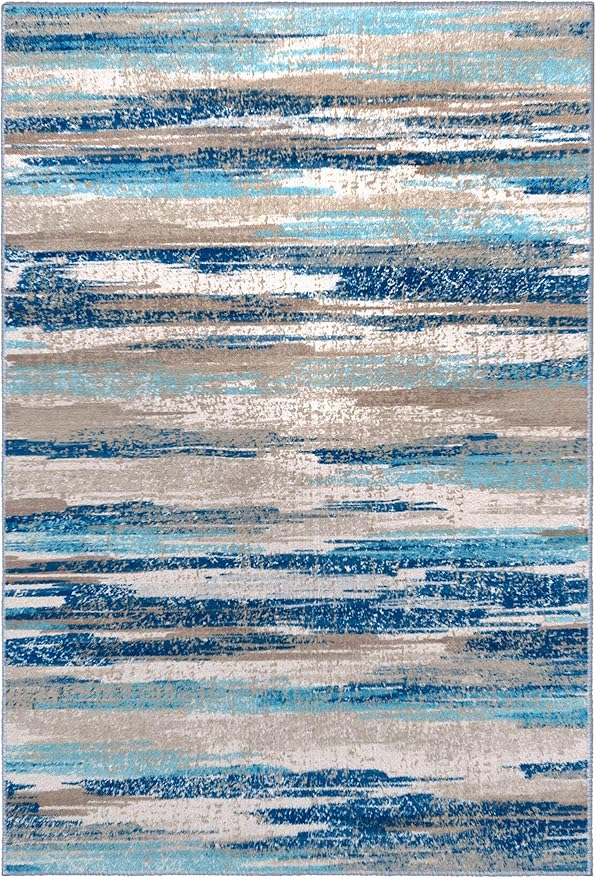 Modern Abstract 5x7 Machine Washable Area Rug Non-Slip Soft Bedroom Living Romm Rug Blue Ultra Thin Print Faux Wool Floor Carpet Throw Rugs for Nursery Playroom Dining Room Indoor Office