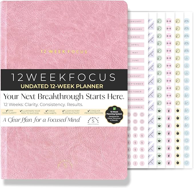 12 Week Focus Planner: High Performance Project Planner - Stay Focused and Achieve your Goals - Weekly and Daily Pages with Scientifically Proven Prompts - Undated, 7x10inch Pink Hardcover