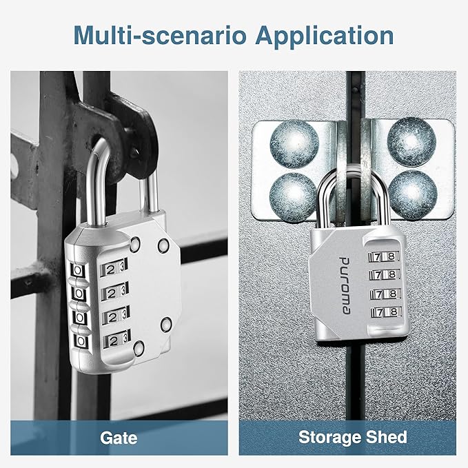 Puroma 2 Pack Combination Lock for Locker 4 Digit Outdoor Waterproof Padlock for School, Gym, Sports, Fence, Toolbox, Gate, Case, Outdoor, Hasp Storage (Silver & Black)
