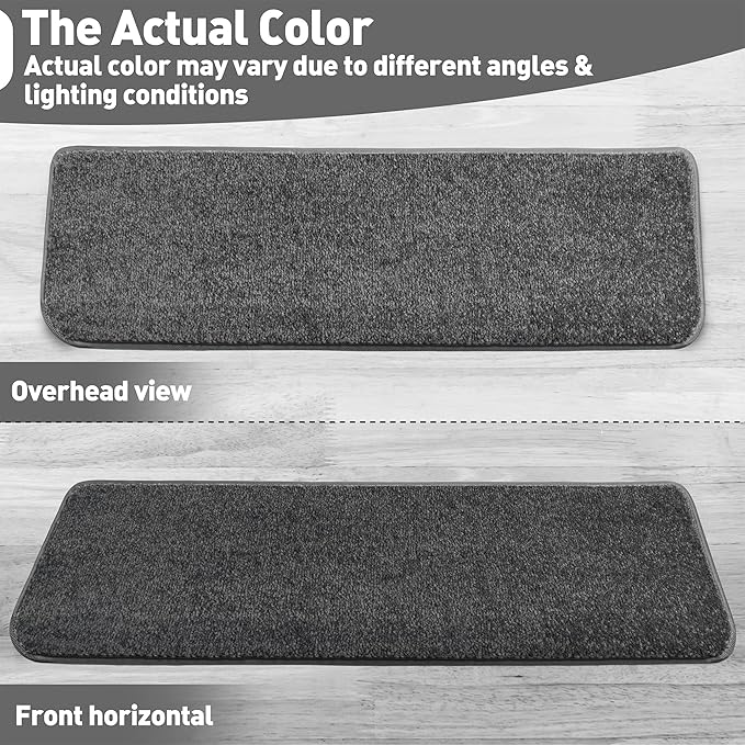 PURE ERA Bullnose Carpet Stair Treads Set Tape Free Non-Slip Indoor Stair Protectors Pet Friendly Rugs Covers Soft Skid Resistant Washable Reusable 9.5" x 30"(7 Pieces,Dark Gray)