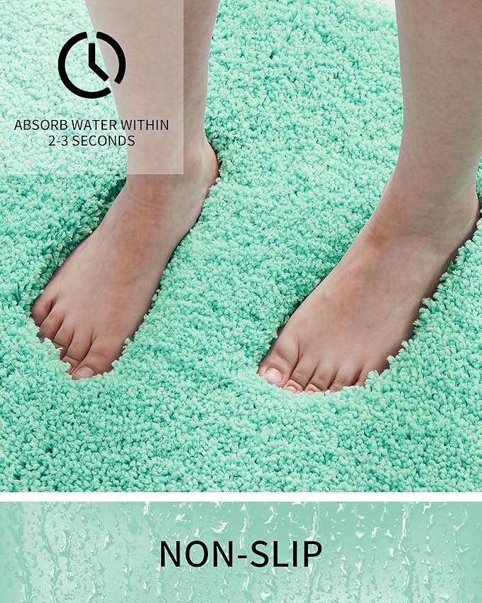 Bathroom Rugs, Ultra Thick Shaggy Soft Microfiber Absorbent Bath Rug, High Density Foam Latex Non Slip Backing, Machine Washable Bath Mats for Bathroom Floor & Sink 24x17, Spa Blue