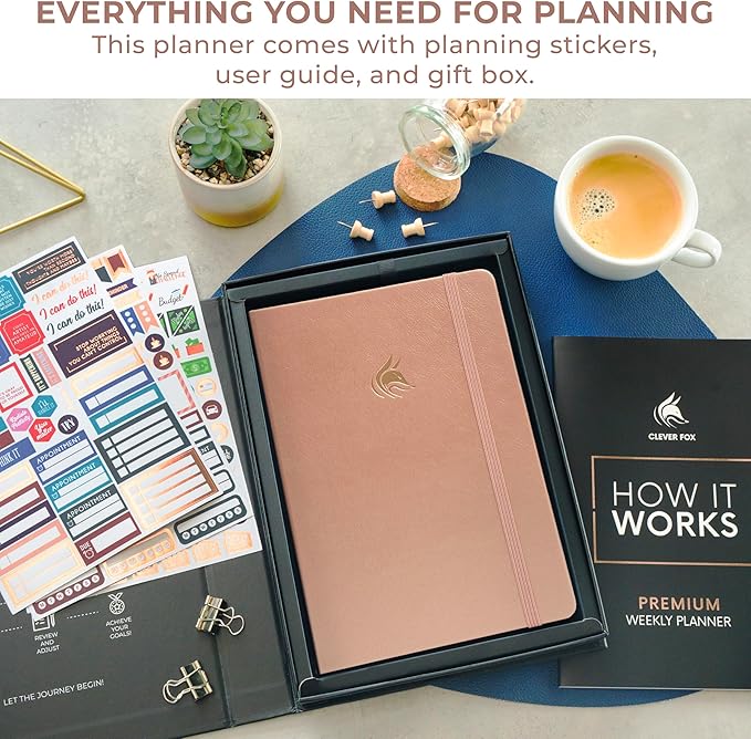 Clever Fox Dated Planner Premium 2026 – Weekly Agenda for Planning & Time Management –Notebook with Habit Tracker & To-do List (Rose Gold)