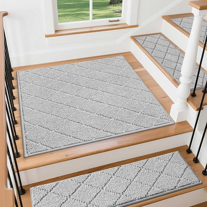 COSY HOMEER Edging Stair Treads Non-Slip Corner Indoor Stair Runners for Wooden Steps,Landing Slip Resistant Stair Rugs Mat for Kids and Dogs,100% Polyester TPE Backing,Grey,30x30 inch