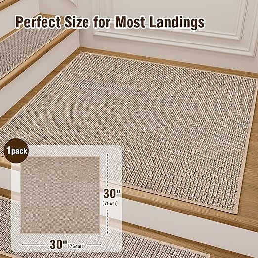 Deerly Comfortable Stair Landing Carpet Non Slip Breathable Linen Rug for Wooden Steps Peel and Stick Landing Mat Covers Indoor Absorbent with Self-Adhesive Backing 30"X30" Beige