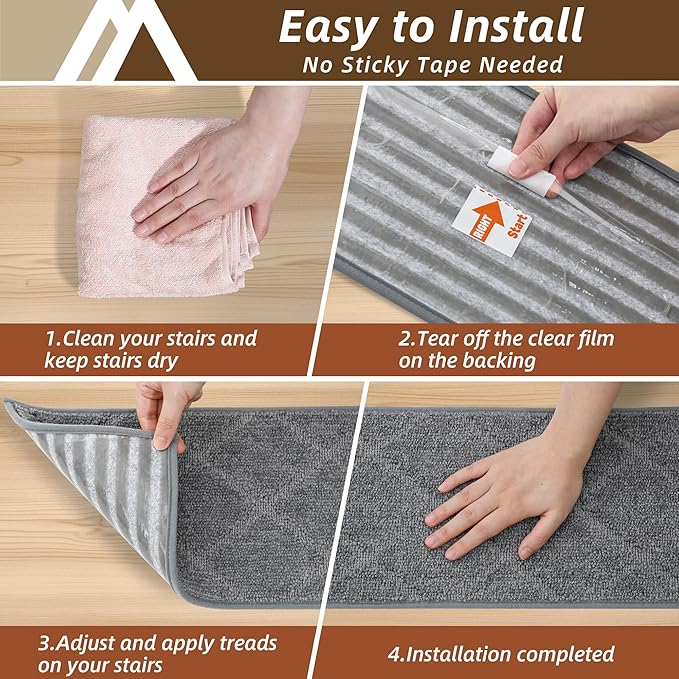 COSY HOMEER Stair Treads for Wooden Steps 9"x28" Washable Indoor Carpet Stair Treads Non Slip Soft Polyester Stair Carpet Tread Reusable Stair Runner Rugs for Kids, Elders,Pets,Medium Grey,4pcs