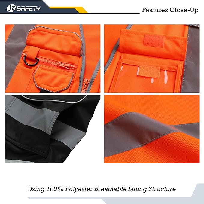 JKSafety 9 Pockets High Visibility Zipper Front Safety Vest With Reflective Strips,Meets ANSI/ISEA Standard (150-Orange-black, 3XL)