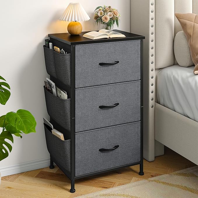 Night Stand Set 2, Night Stand with Drawers for Bedroom, Bedside Table with Wooden Top, Sturdy Steel Frame End Table, Dorm Nightstand for Bedroom, Entryway, Hallway, Closet, Cloth Bags, Hooks, Grey
