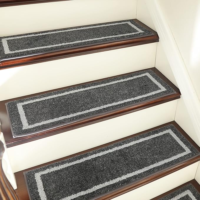 COSY HOMEER Soft Stair Treads Non-Slip Carpet Mat 28inX9in Indoor Stair Runners for Wooden Steps,Stair Rugs for Kids and Dogs, 100% Polyester TPE Backing 10pcs,Black,Square