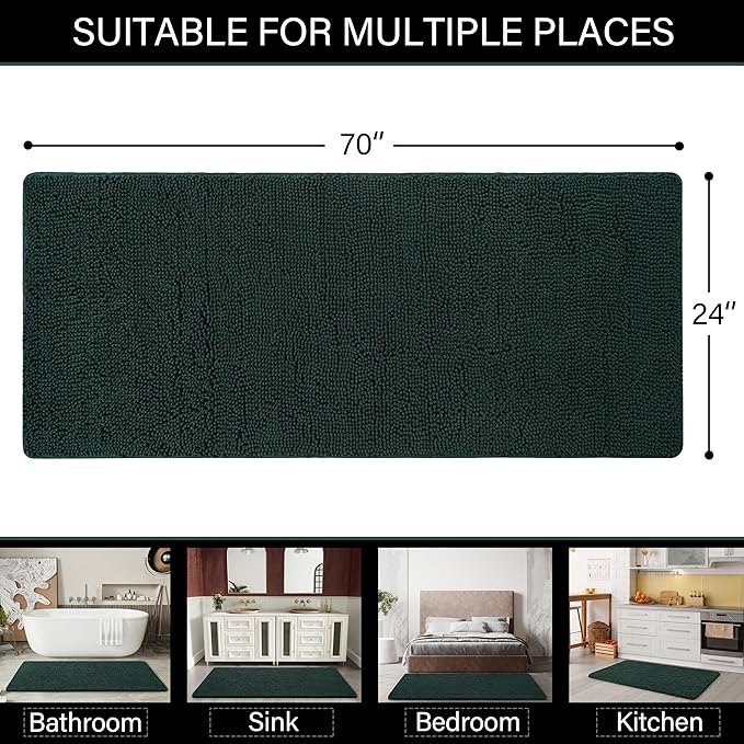 LOCHAS Luxury Bathroom Rug Shaggy Bath Mat 24 x 70 Inch, Washable Non Slip Bath Rugs for Bathroom Shower, Soft Plush Chenille Absorbent Carpets Mats, Hunter Green