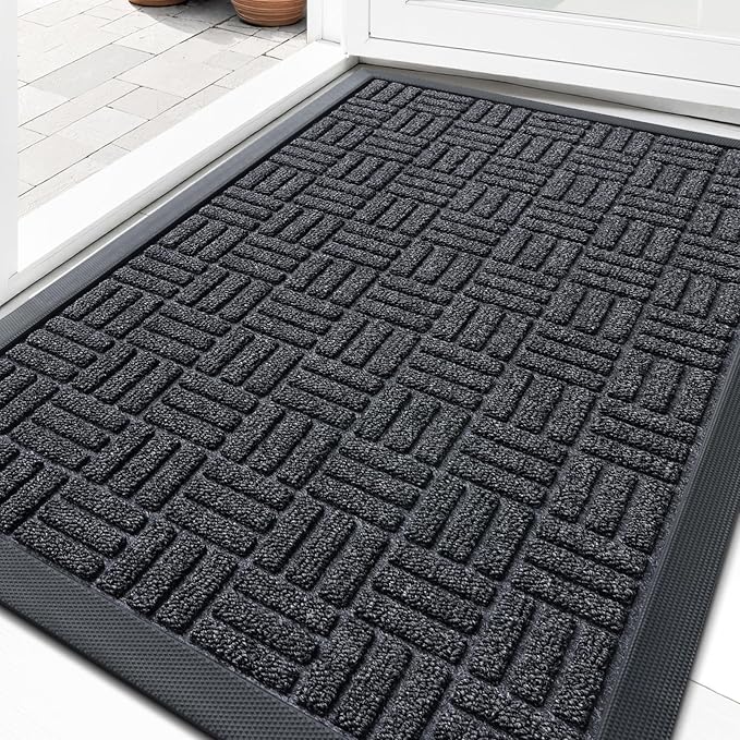 OLANLY Front Door Mat Outside Entrance 35x23, Absorbent, Heavy Duty Sturdy Natural Rubber Doormat Indoor Outdoor, Non-Slip, Stain and Fade Resistant, Low Profile Floor Mat for Entryway, Black Gray
