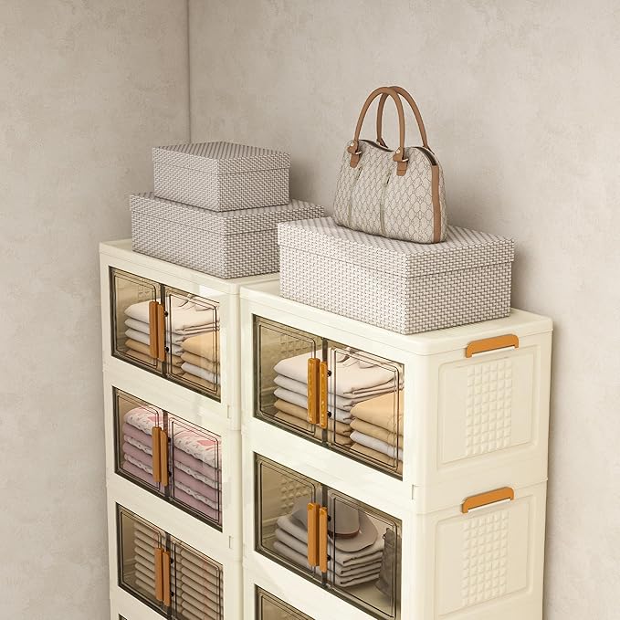 Plastic Stackable Storage Bins with Lids and Wheels, 182.4QT-45.6QT*4Tier Foldable Closet Organizers and Containers, Collapsible Clear Drawer Storage Cabinet with Doors Ivory White