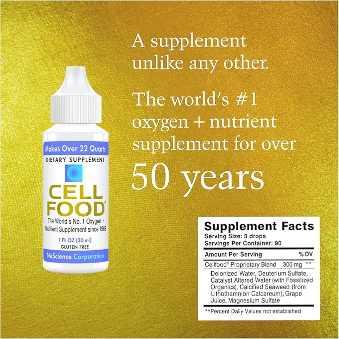 Cellfood Oxygen Boost, 1 fl oz - Liquid Oxygen Supplement for Lymphatic Drainage, Altitude Sickness, Jet Lag, Fatigue, Headaches, Hangovers & Energy - Gluten Free, Cert. Kosher - Makes Over 22 Quarts
