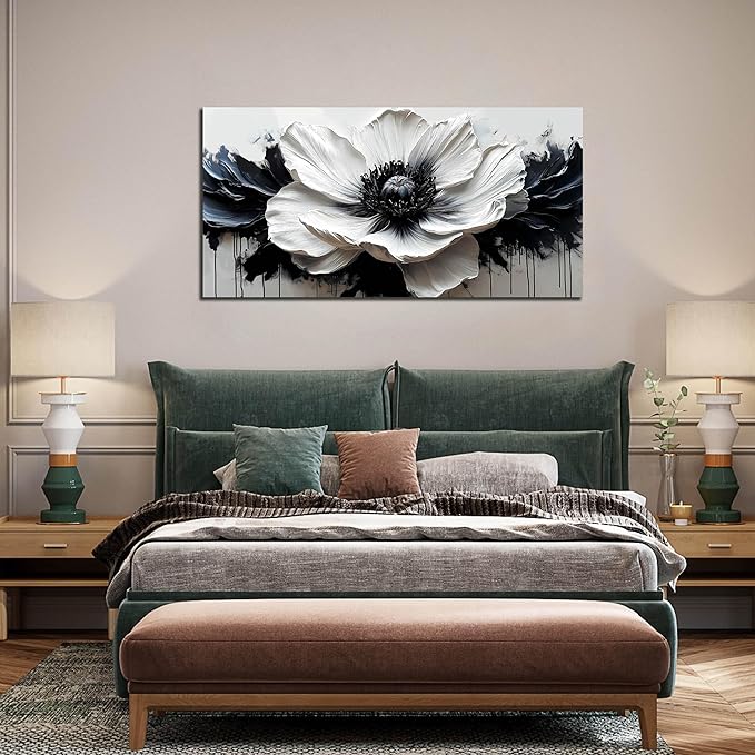 Flower Canvas Wall Decor Living Room - Black and White Pictures Wall Art for Bedroom Women - Fashion Art Wall Decor Office Size 24" x 48"