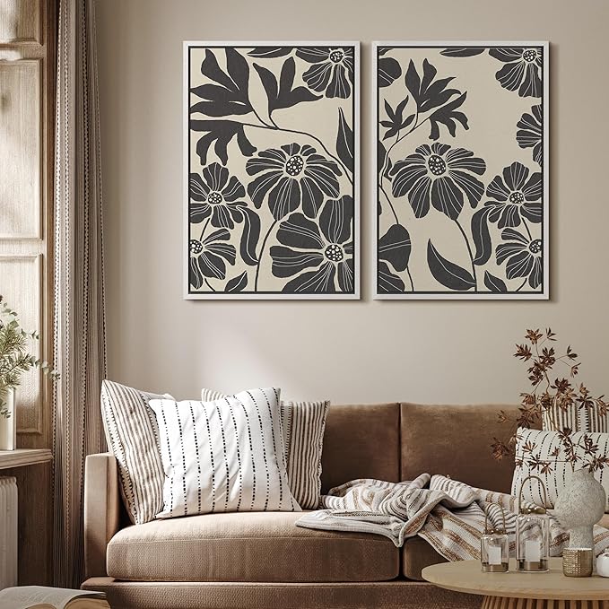 MUDECOR Framed Canvas Print Wall Art Monochrome Floral Botanical Black and White Illustrations Modern Art Decorative Bohemian Colorful Chic for Living Room, Bedroom, Office - 24"x36"x2 White