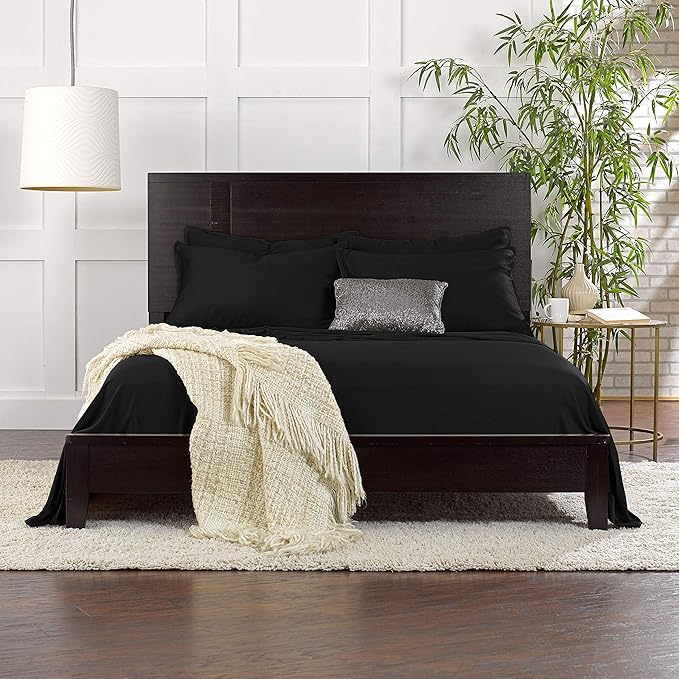 Pure Bamboo Split King Sheets, Genuine 100% Organic Viscose Derived from Bamboo Bed Sheet Set, Soft & Cooling, Double Stitching, 2 Fitted Sheets (Split King, Black)