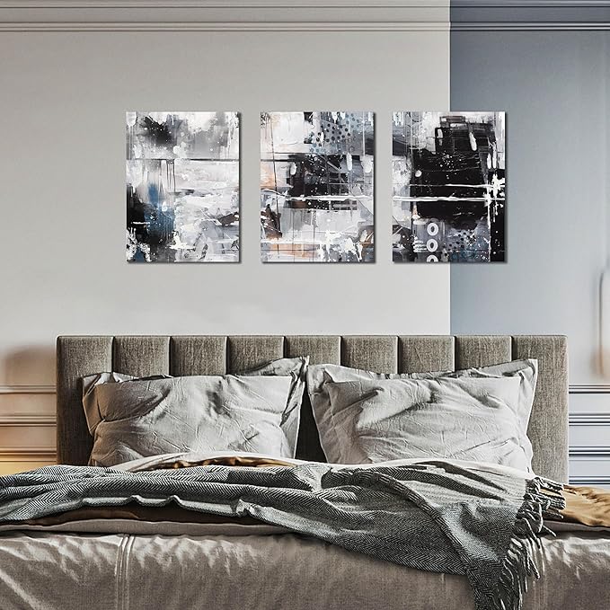 Abstract Wall Art for Living Room - Modern Black and White Wall Art for Bedroom - Home Office Wall Decor Size 12" x 16" x 3 Piece