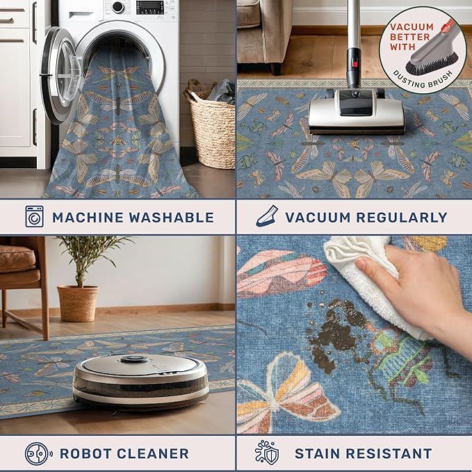 Insect 3x5 Washable Stain Resistant Rugs for Large Kitchen, Ultra Soft Faux Wool Rugs for Kids Bedroom Beside Bed, Non Slip Entry Rug, Low Pile Fade Resistant, Dusty Blue