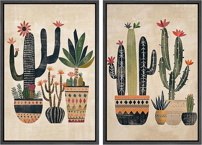 MUDECOR Framed Canvas Print Wall Art Set Mexican Cactus Tropical Botanical llustrations Modern Art Decorative Bohemian Calm/Zen for Living Room, Bedroom, Office - 24"x36"x2 Black
