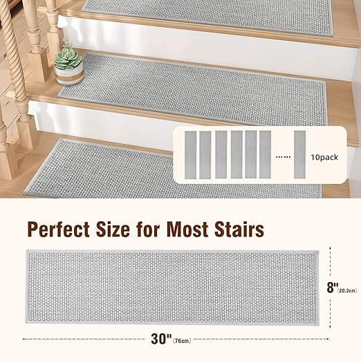 Deerly Linen Stair Treads Non Slip 10pcs Comfortable Stair Runner for Wooden Steps Peel and Stick Stairs Carpet Treads Indoor Staircase Covers Mat with Self-Adhesive Backing for Pets Kids 8"X30" Grey