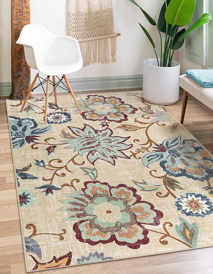Beeiva Floral 5x7 Living Room Rugs, Non Slip Vintage Washable Beige Rug for Living Room, Paisley Bedroom Carpet with Rubber Backing Ultra Thin Carpet for Dining Room Office
