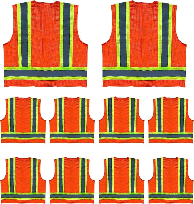 Premium High Visibility Surveyor Vest Solid Front Mesh Back, 10 Pack