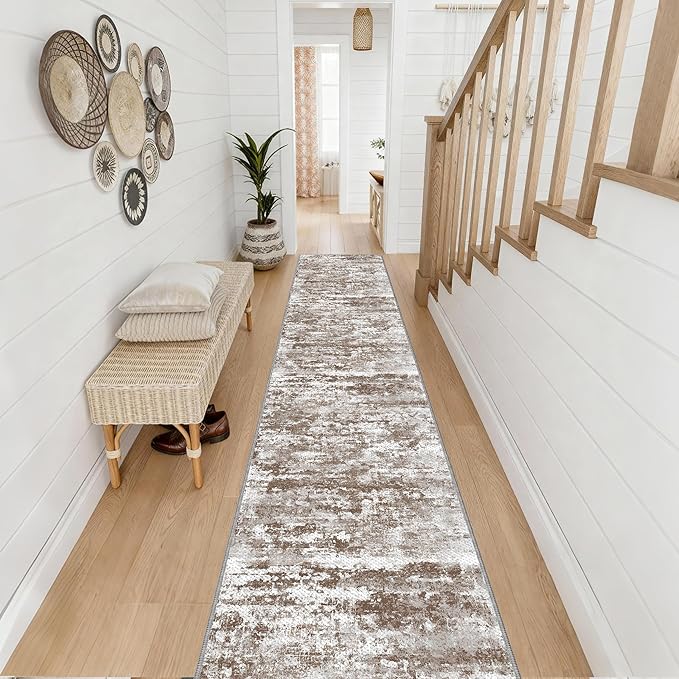 Kitchen Rugs Ultra Non-Slip 2.6x12 Washable Runner Rug Abstract Tear and Stain Resistance No Pile Lightweight Runners for Entryway, Hallway, Walkway, Bedside, Entrance, Brown