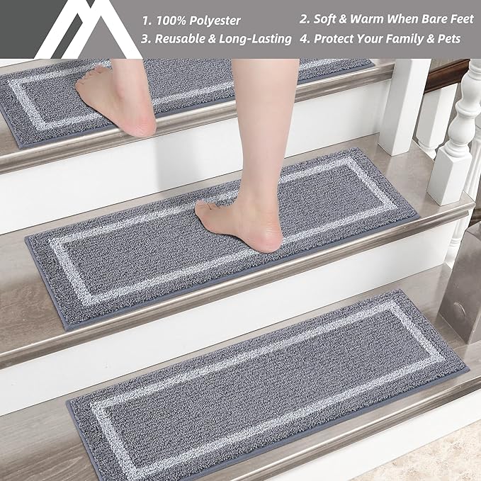 COSY HOMEER Soft Stair Treads Non-Slip Carpet Mat 28inX9in Indoor Stair Runners for Wooden Steps, Stair Rugs for Kids and Dogs, 100% Polyester TPE Backing 4pcs, Grey,Square