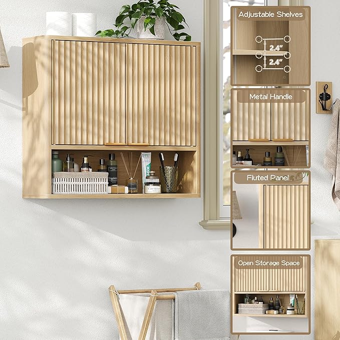 Furnideco Bathroom Medicine Cabinet with Fluted Doors, 3-Tier Modern Wall Cabinet Over Toilet, Small Hanging Storage Cabinet for Bathroom, Natural