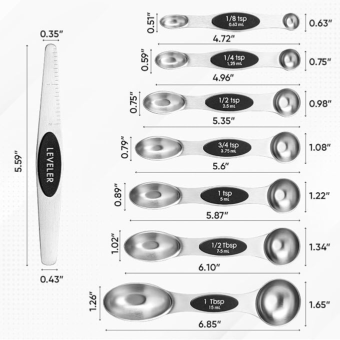 Magnetic Measuring Spoons Set, Stainless Steel, Stackable, Dual-Sided, 8 Pieces, Dry and Liquid Ingredients