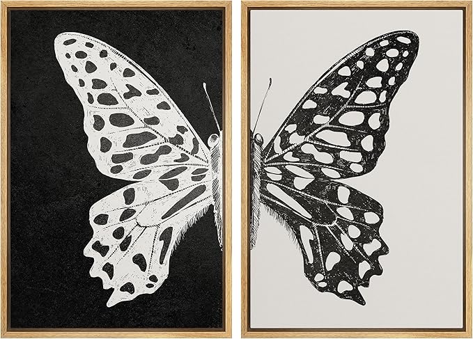 MUDECOR Framed Canvas Wall Art Black and White Butterfly Prints Minimalist Modern Art Boho Wall Decor for Bedroom - 24"x36"x2 Natural