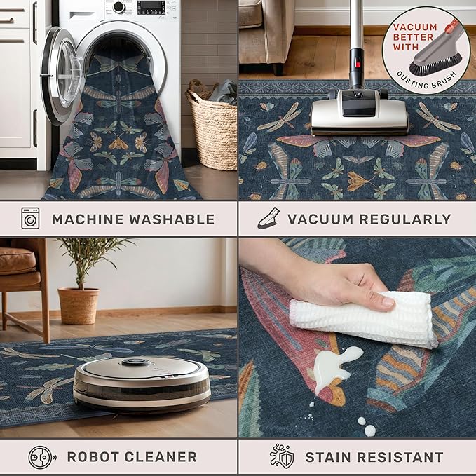Blue Rugs for Bedroom - 4x6 Washable Area Rug for Large Entryway, Living Room, Kitchen Floor, Dark Whimsical Home Décor, Vintage Low Pile & Soft Non Slip Carpet