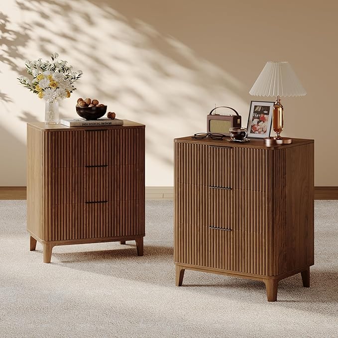 23.6" Mid Century Modern Night Stand with 3 Drawers, Large 3 Drawers Bedside Table with Quiet Drawers & Metal Handles, Fluted 3-Drawer Dresser Rustic Wood 3 Drawer Storage End Table Bedroom Walnut