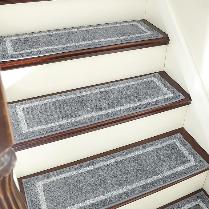 COSY HOMEER Soft Stair Treads Non-Slip Carpet Mat 28inX9in Indoor Stair Runners for Wooden Steps, Stair Rugs for Kids and Dogs, 100% Polyester TPE Backing 4pcs, Grey,Square