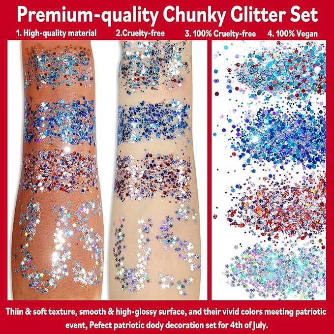 Allstarry Chunky Body Glitter 4 Colors Cosmetic Patriotic Face Glitter Veterans Day Eye Flakes Independence Day Hair Sequins Sparkle 4th of July Accessories for Women Face Paint Makeup Nails Art