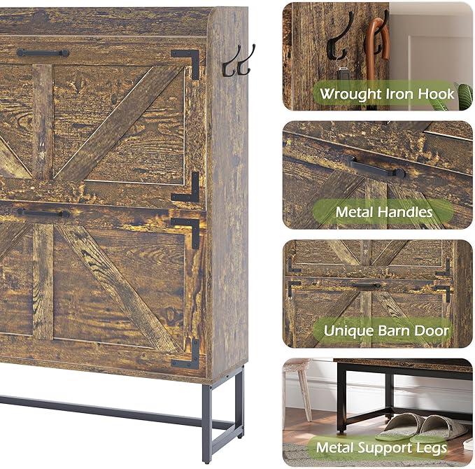 Shoe Cabinet Storage for Entryway with 2 Flip Drawers, 31.5’’ W Hidden Shoe Cabinet with Metal Legs & Hooks, Farmhouse Narrow Shoe Organizer for Hallway, Rustic Brown