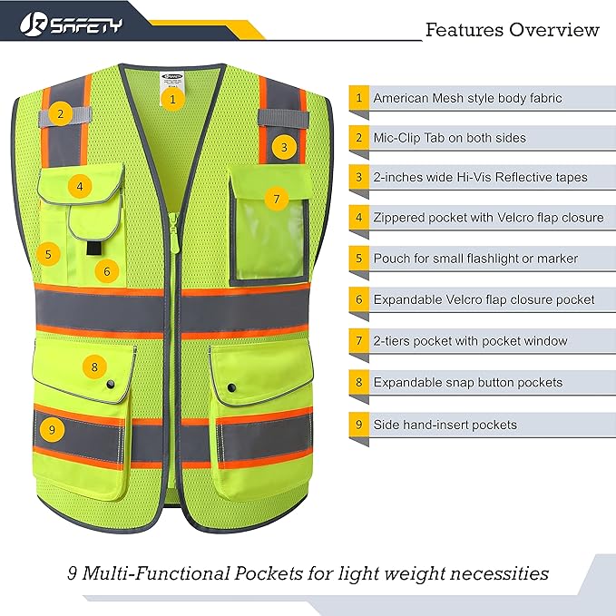 JKSafety 9 Pockets Hi-Vis Neon Yellow Zipper Front MESH Safety Vest with Fluorescent Orange Extend Edge outlining the Reflective Tapes Meet ANSI/ISEA Class 2 Standard (100-Yellow, 5XL)