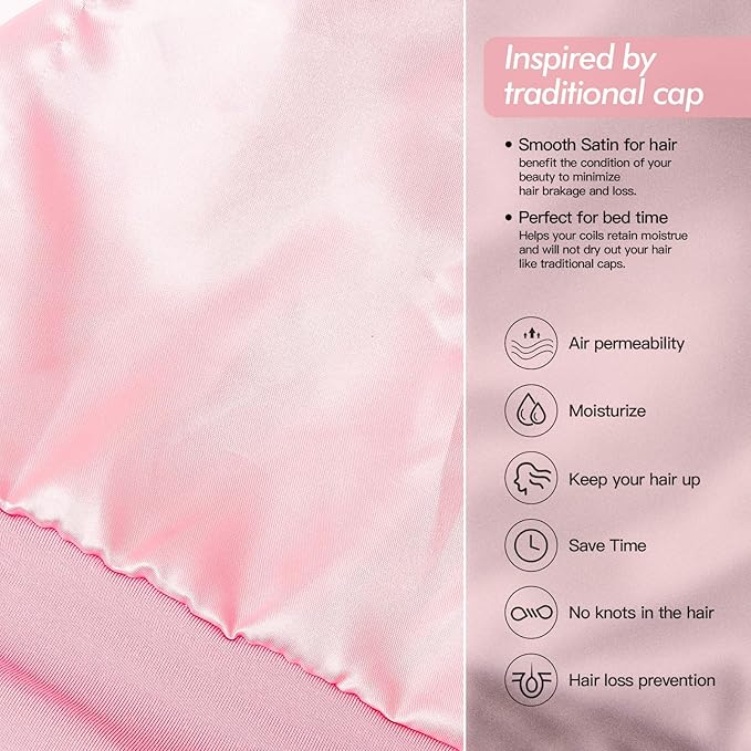 Silk Satin Lined Bonnet Sleep Cap - Adjustable Stay on All Night Hair Wrap Cover Slouchy Beanie for Curly Hair Protection for Women and Men - Black & Pink
