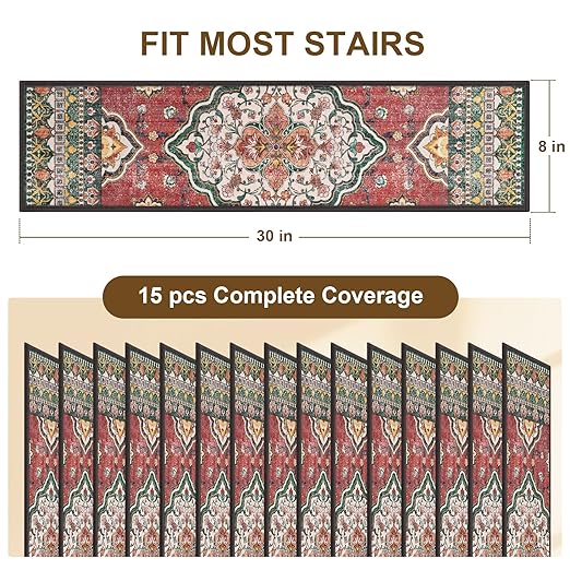 Non Slip Stair Treads for Wooden Steps Indoor, Red, 15pcs, 30"X8", Soft Carpet Mat, Machine Washable Boho Carpet Treads with Reusable Adhesive Backing, Safety Stair Tread for Dogs, Kids, Elders