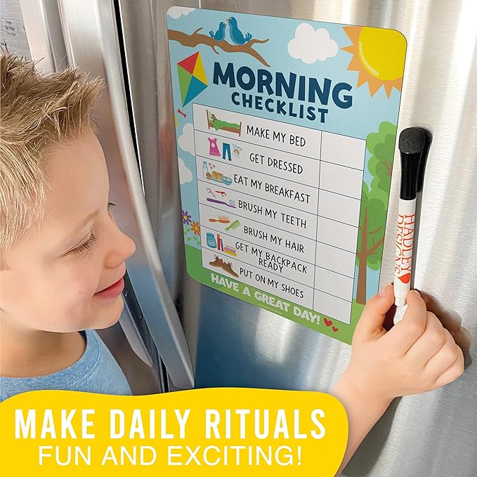 Magnetic Morning & Bedtime Routine Chart for Kids - Customizable Toddler Daily Schedule Board with Dry Erase Surface, Stickers & Marker, Build Habits with Visual Checklists, Colorful Doodle Theme