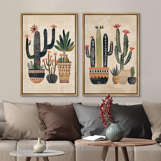 MUDECOR Framed Canvas Print Wall Art Set Mexican Cactus Tropical Botanical llustrations Modern Art Decorative Bohemian Calm/Zen for Living Room, Bedroom, Office - 24"x36"x2 Natural