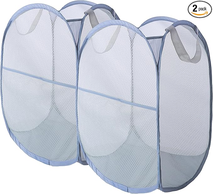 Foldable Mesh Popup Laundry Hamper,Laundry Basket Easy to Open and Fold for Dorm,Travel, College Dorms, and More (2 light gray)